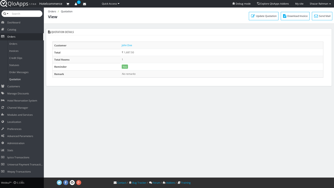 Quotation details view with update, download, and email actions