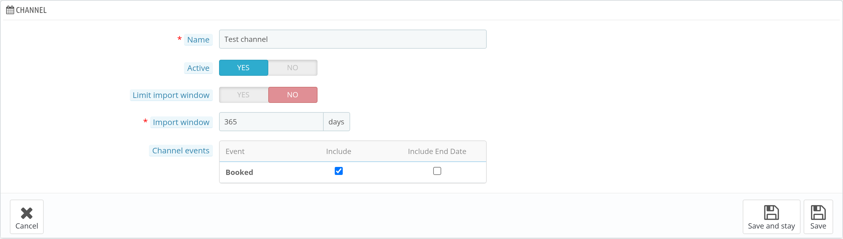 Channel settings of the iCal Sync module