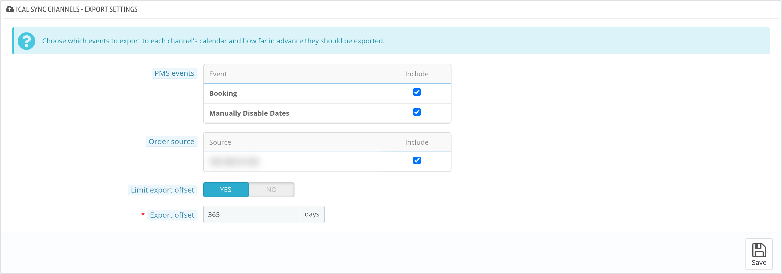Export settings of the iCal Sync module