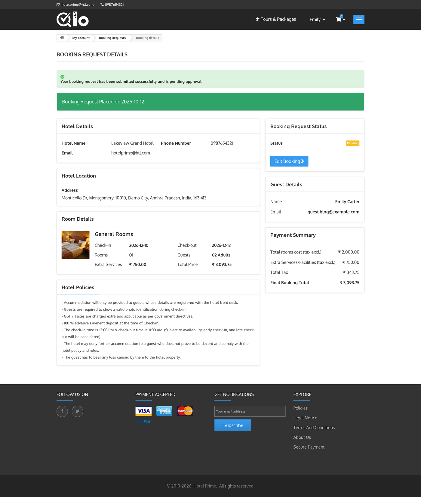 Booking Request Details page after submitting