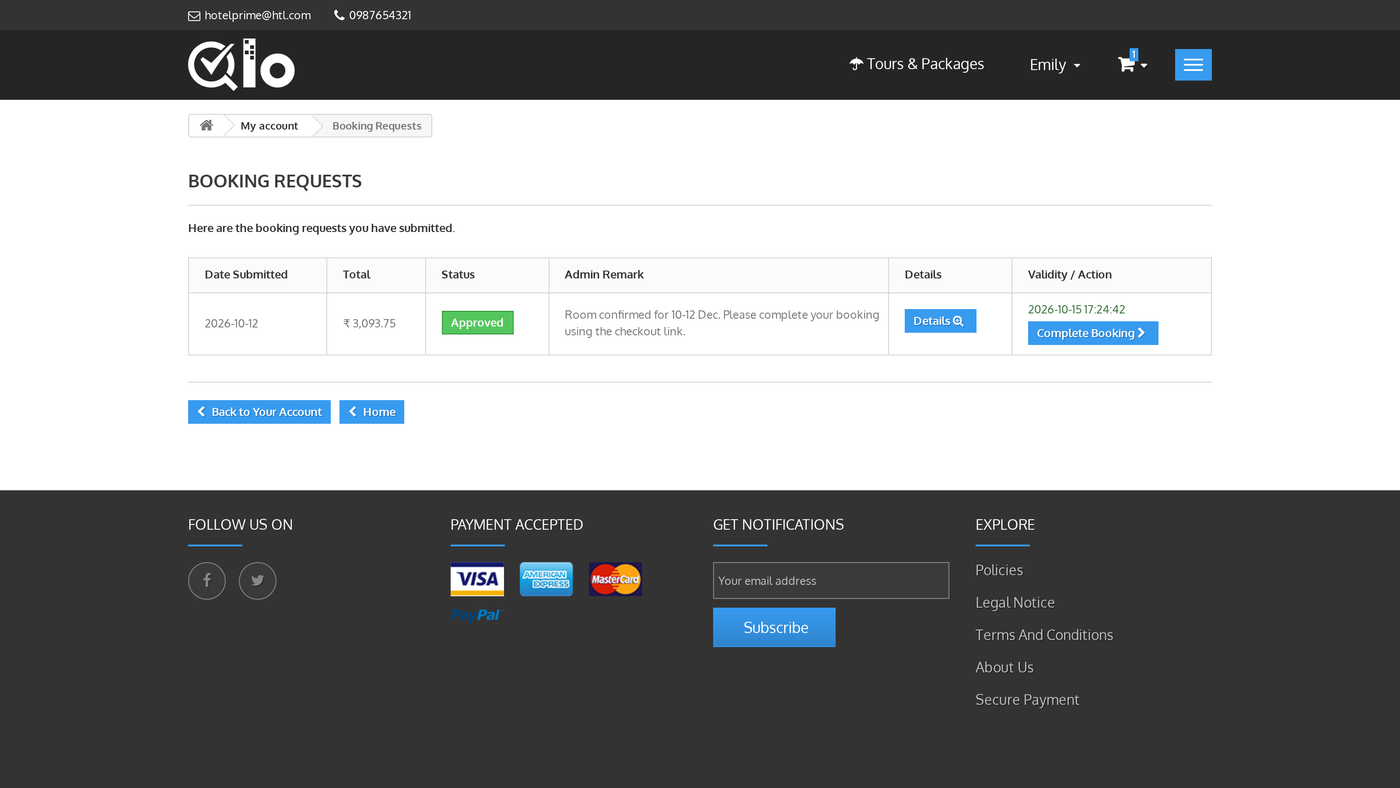 Booking Requests page in My account