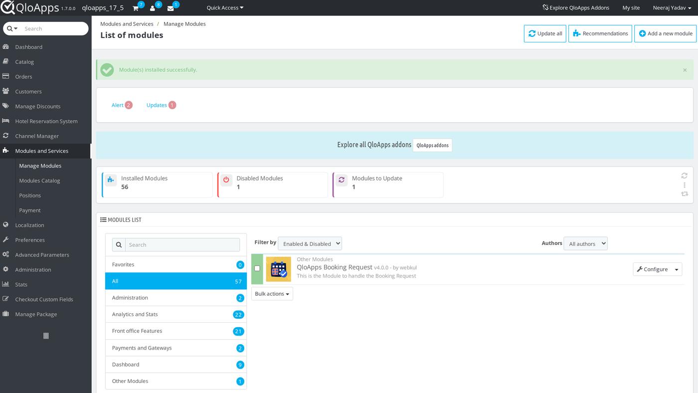 QloApps Booking Request installed in the module list