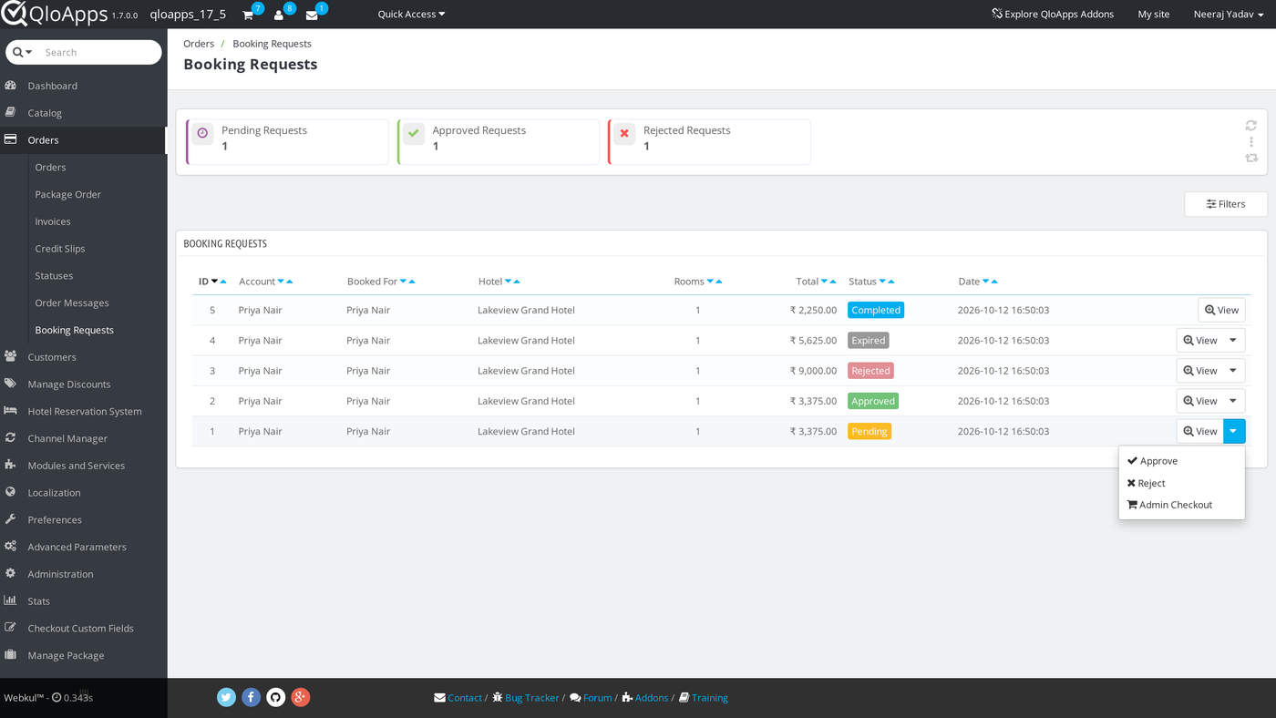 Row actions on a booking request