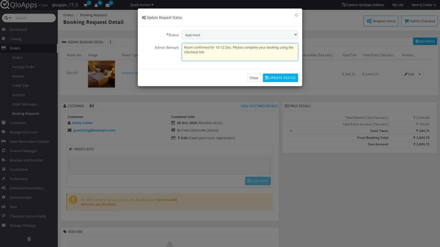 Update Request Status window