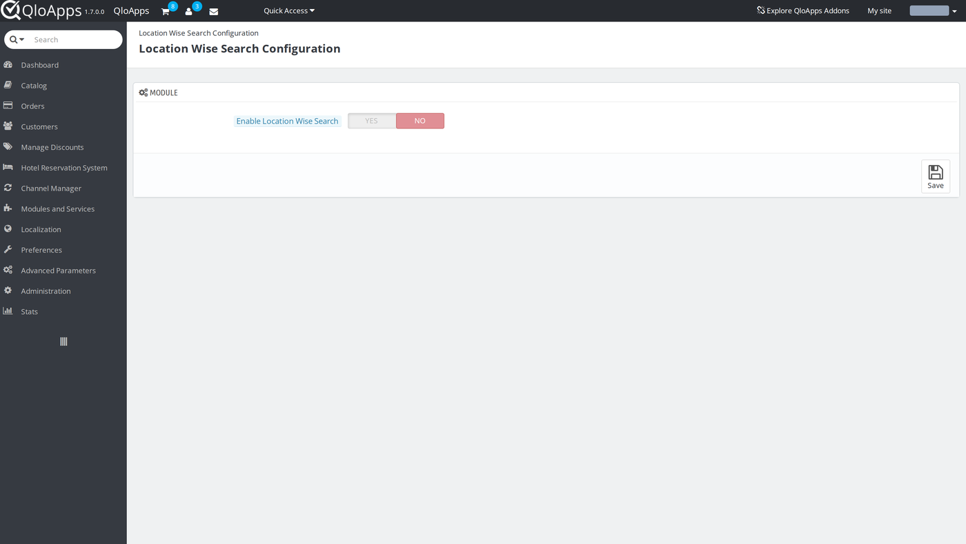 Configuration page with Enable Location Wise Search set to No
