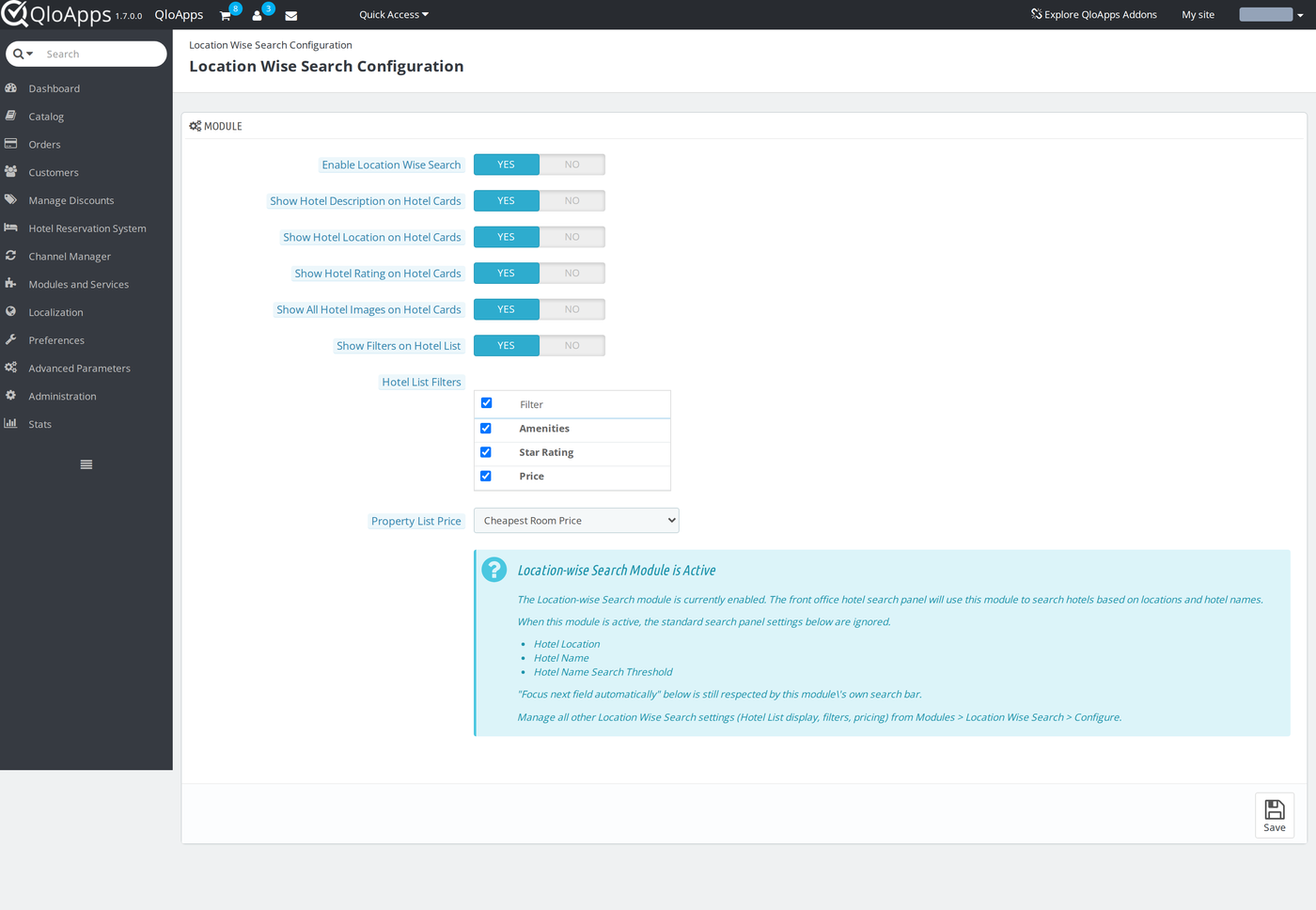QloApps Location-Wise Search configuration page