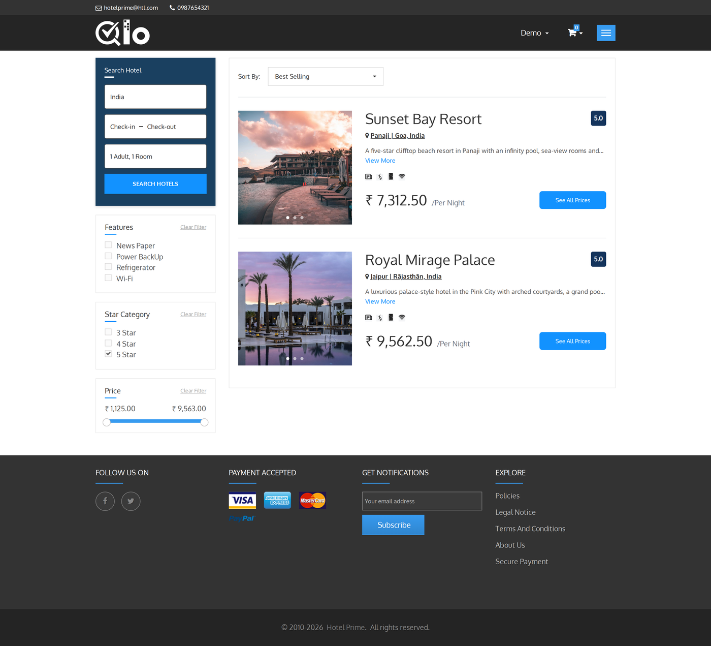 Hotel List for India filtered to 5 Star hotels