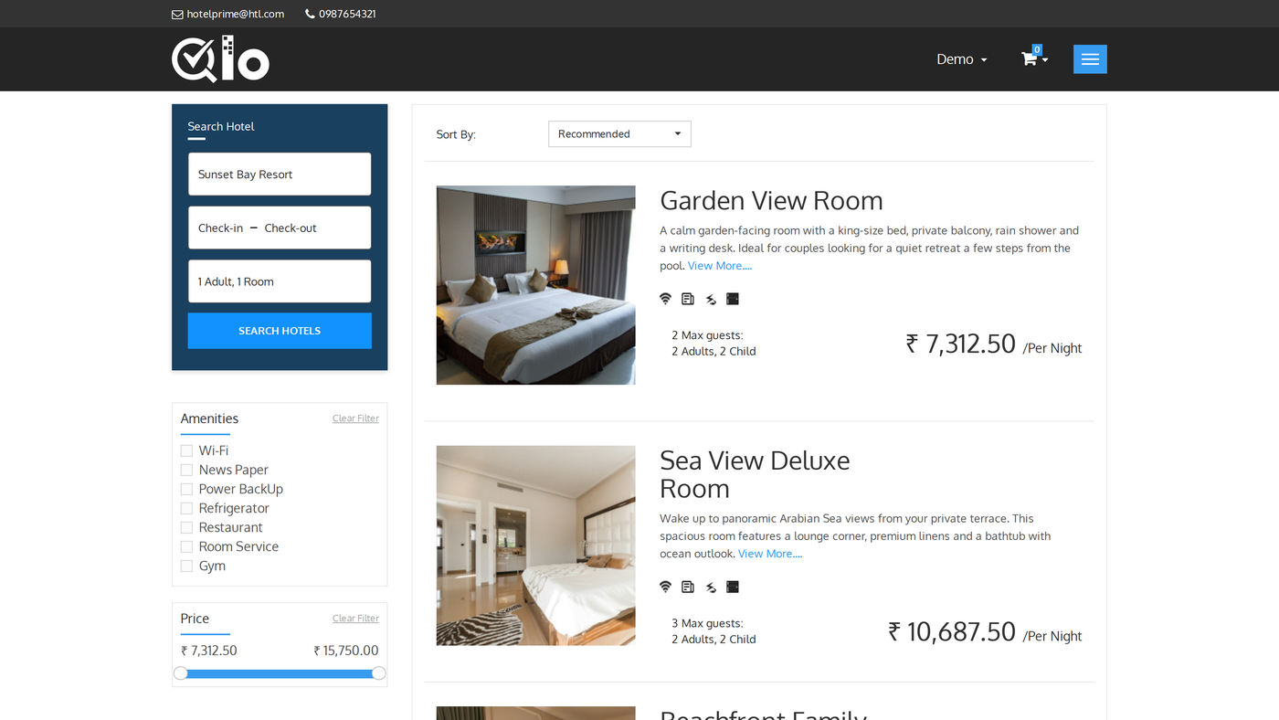 Hotel page with the search panel filled in