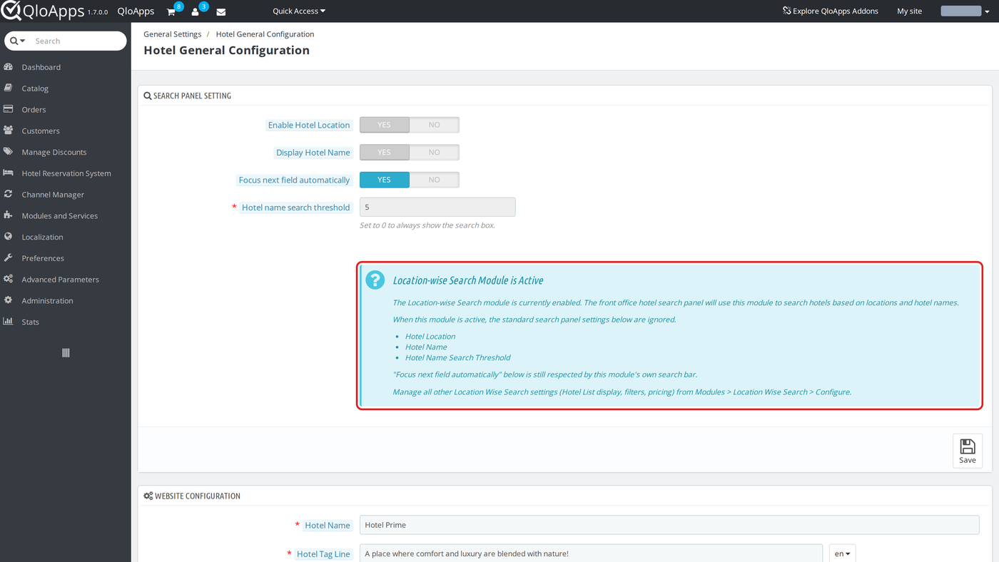 Search Panel Setting with the module's notice highlighted
