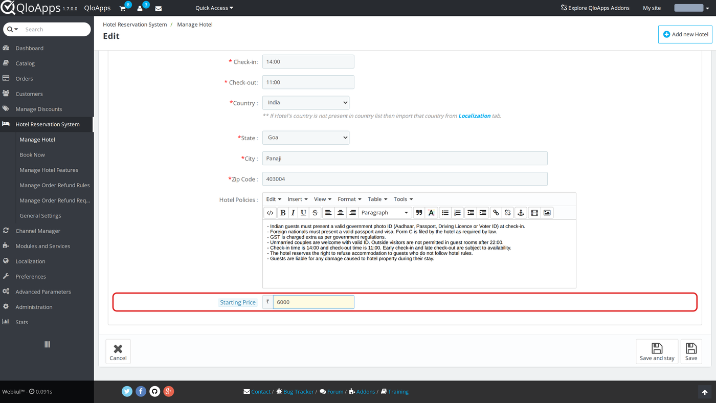 Starting Price field on the hotel edit page
