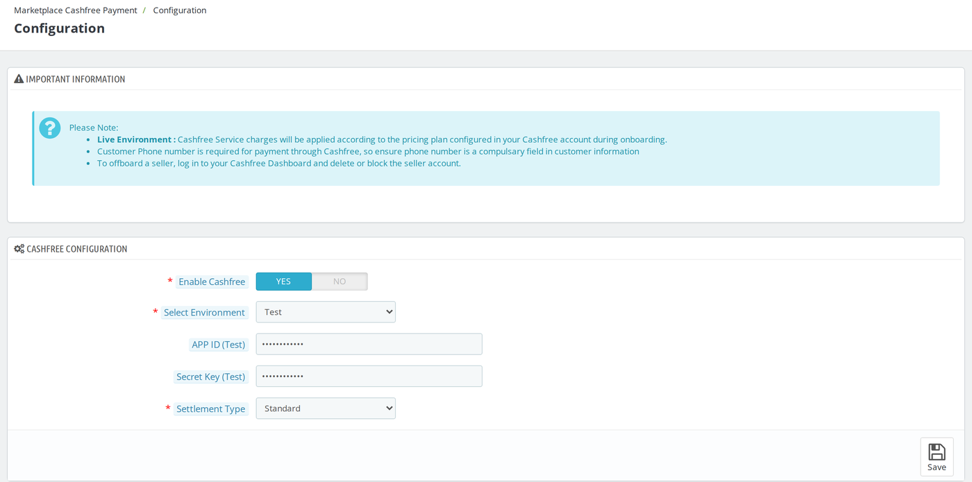 Cashfree Configuration form with the Test environment selected