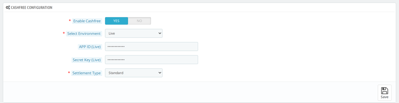 Cashfree Configuration form with the Live environment selected