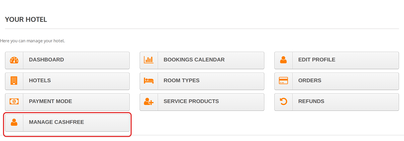 The Manage Cashfree tile in the Your Hotel section