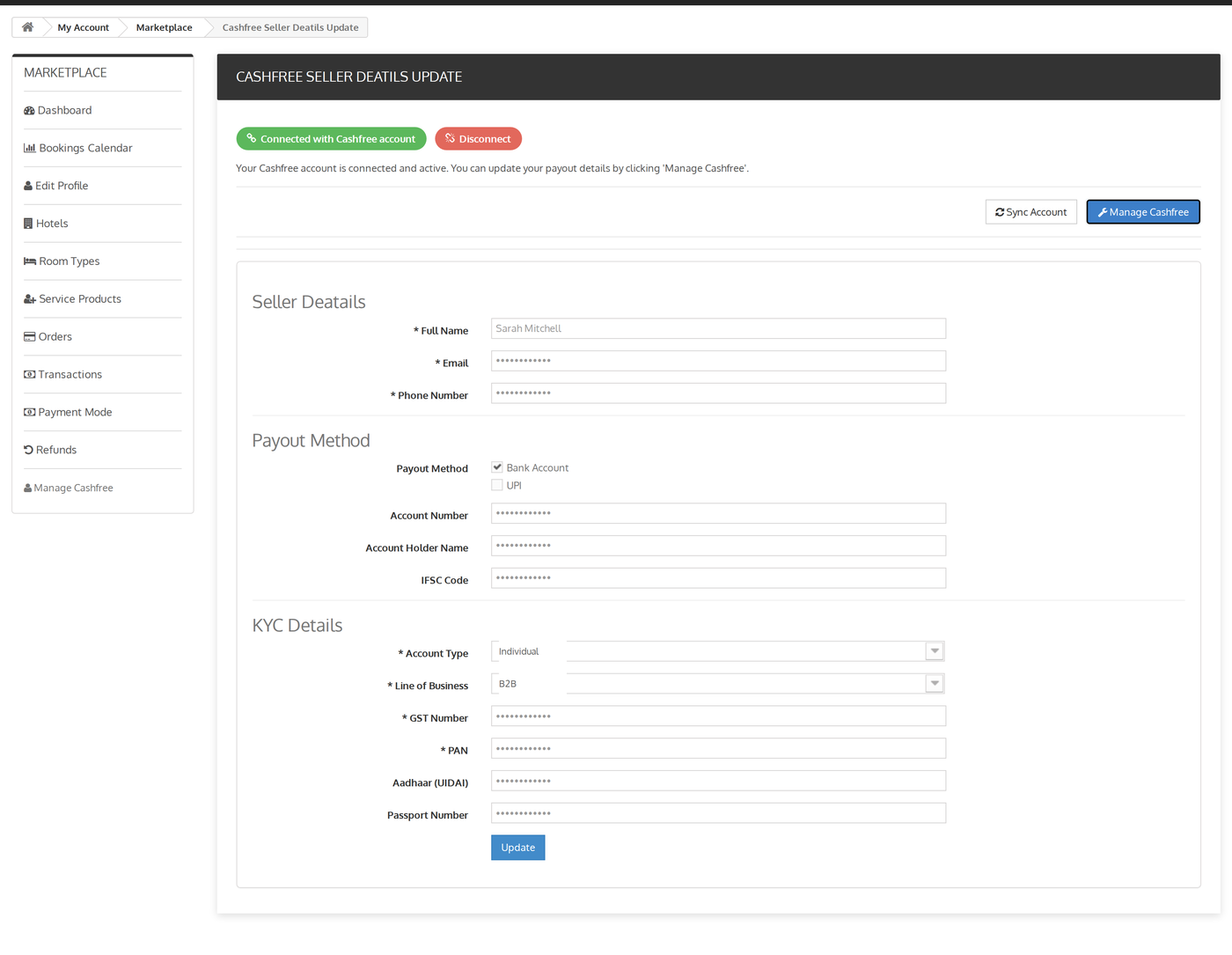 The seller details form with private values hidden