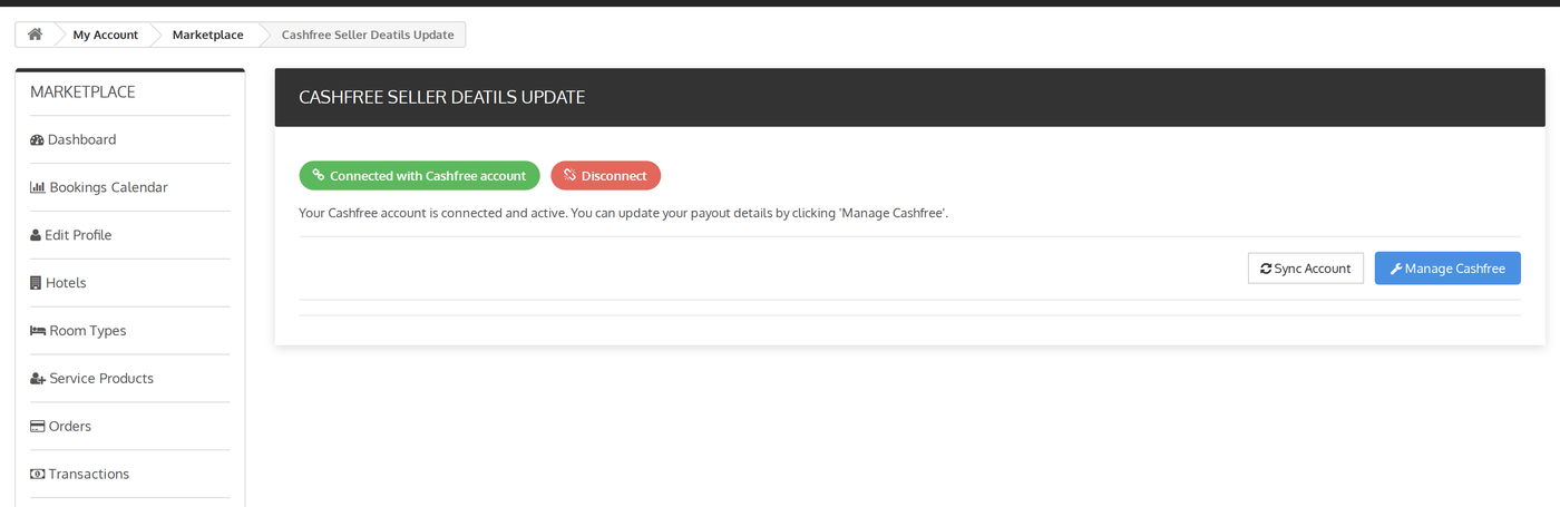 The seller's Cashfree page with the connected status