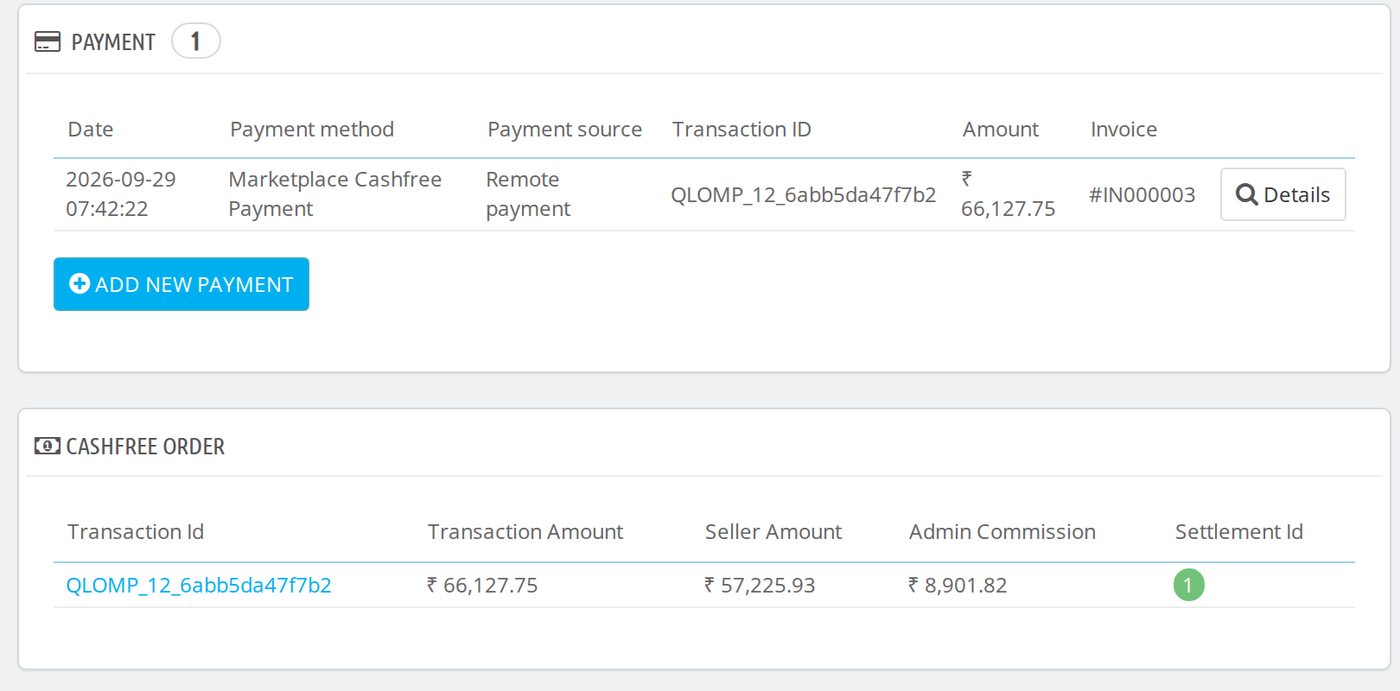 Cashfree Order box on the booking page