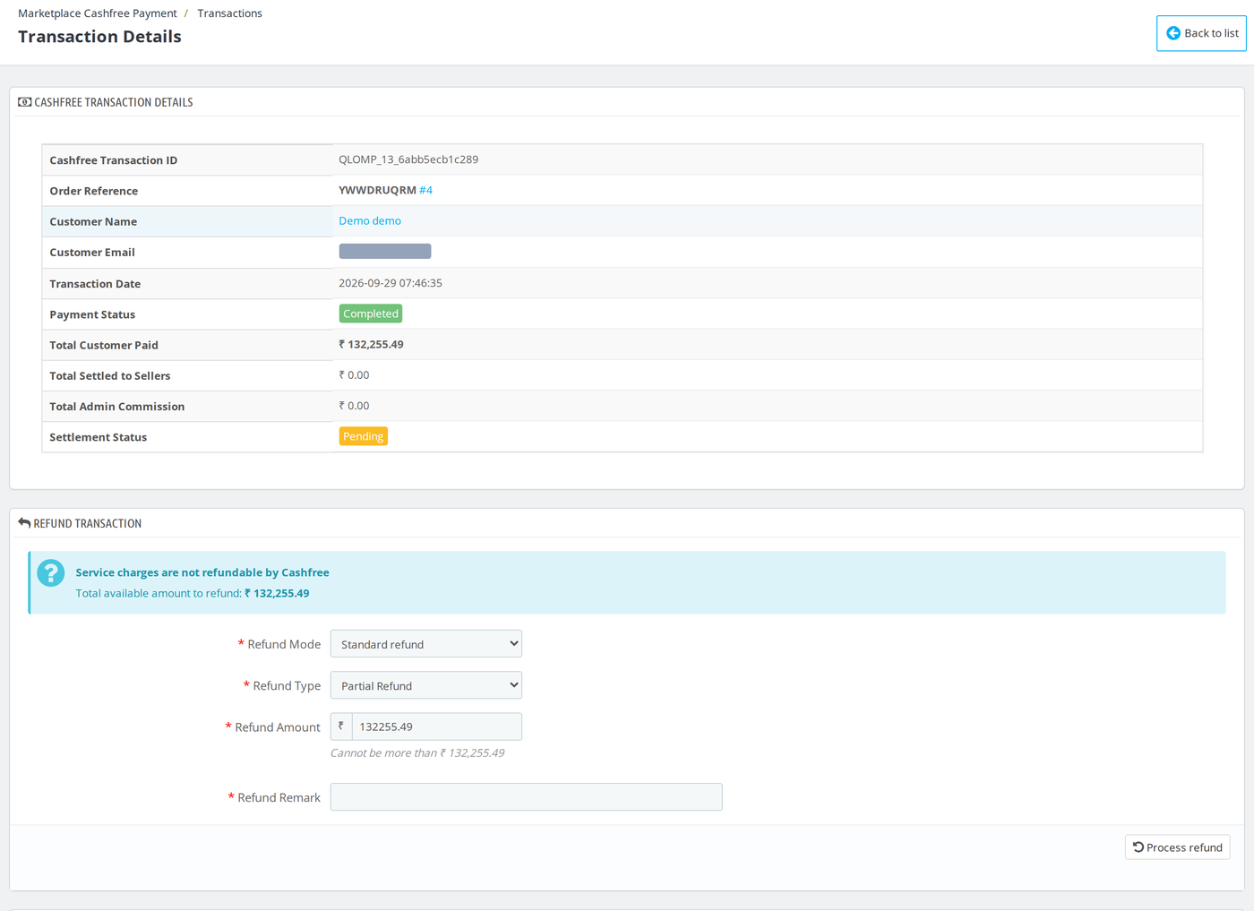 Refund Transaction form with Partial Refund selected