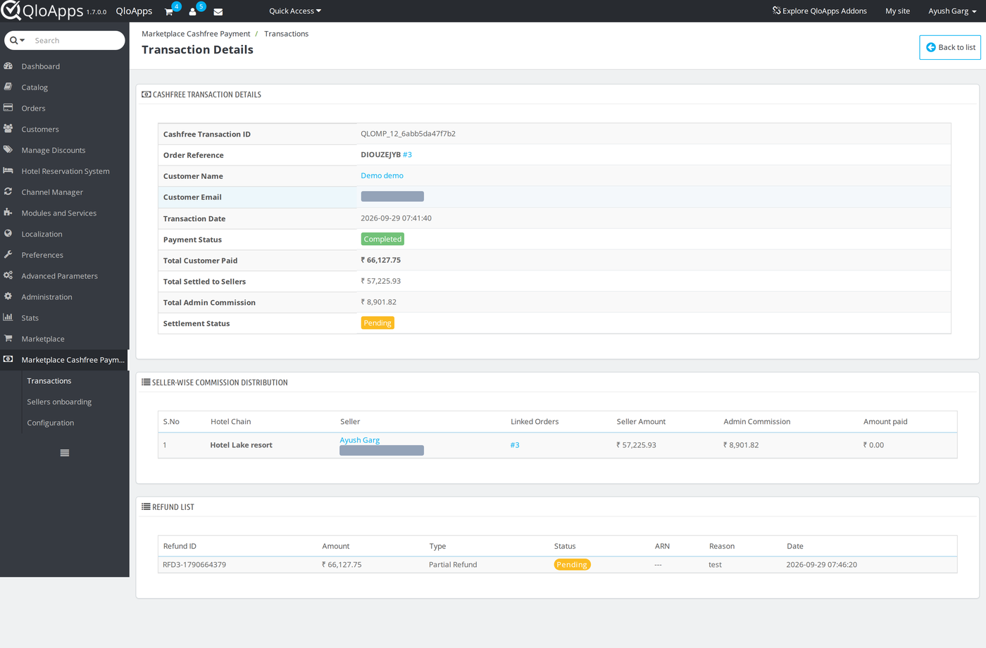 Transaction details with the seller-wise commission distribution