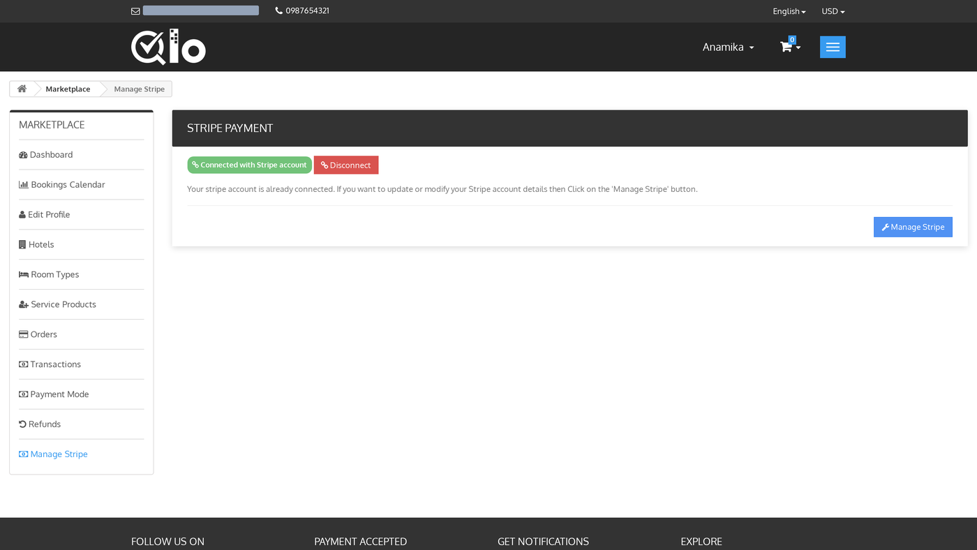 Manage Stripe page after the seller has connected Stripe