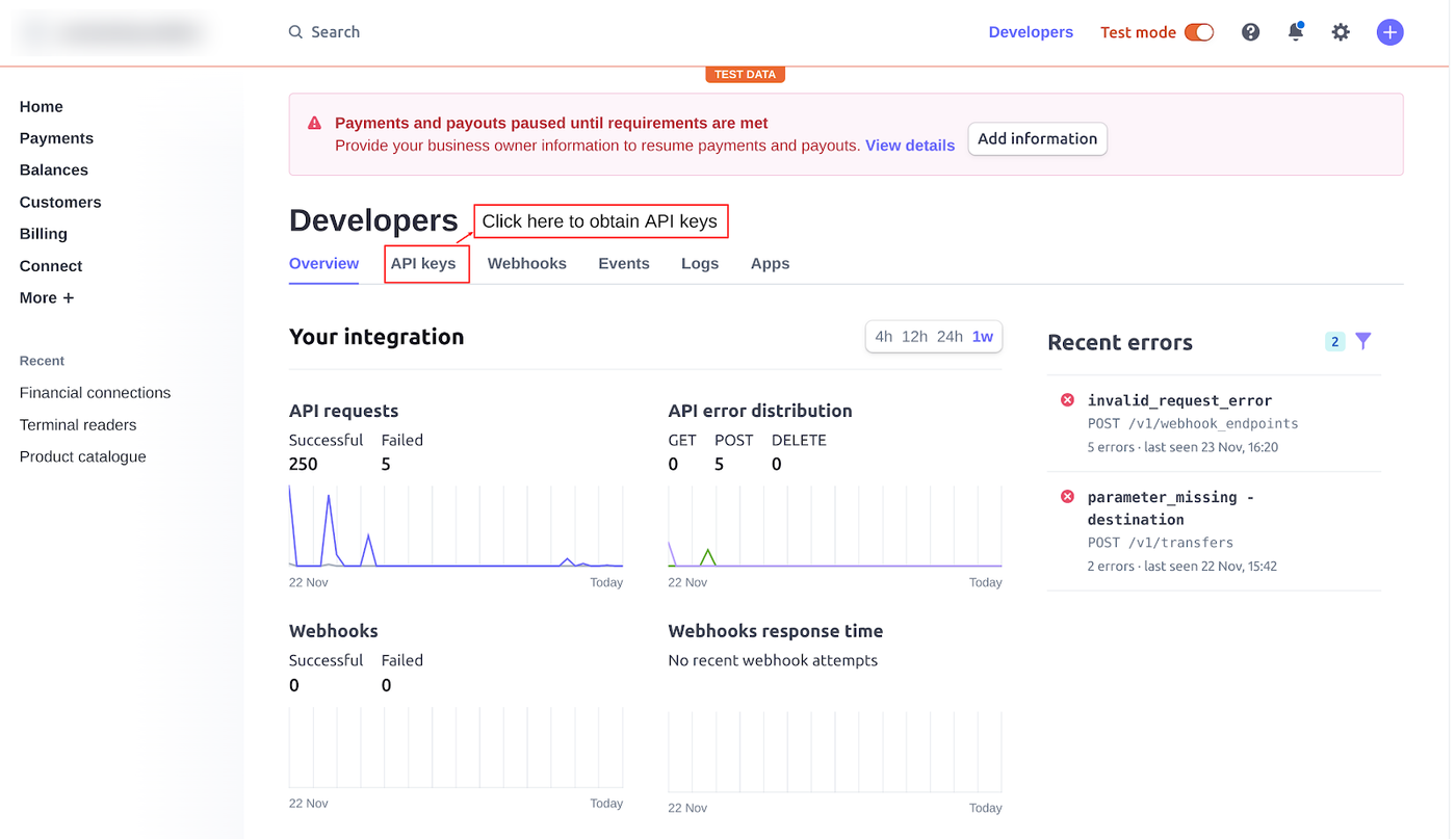 API Keys option in the Stripe Developers page