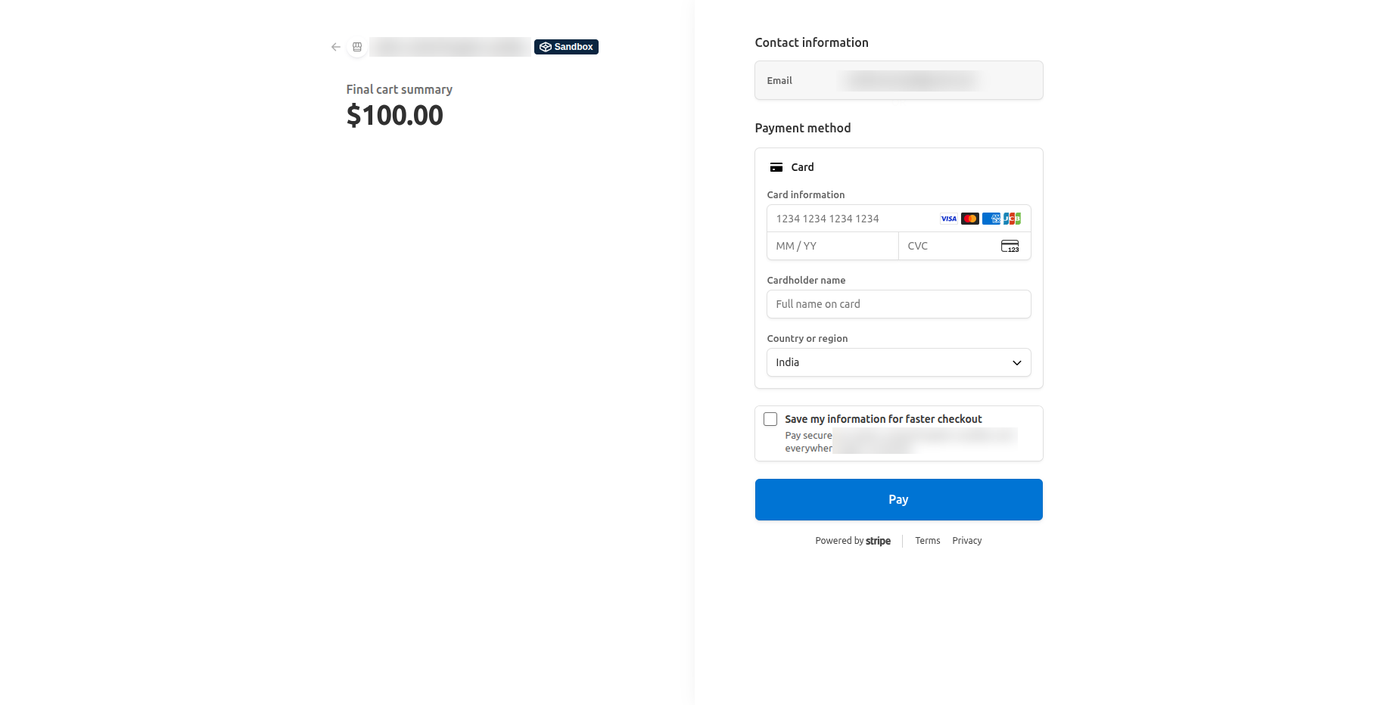 Stripe Checkout page for the booking total