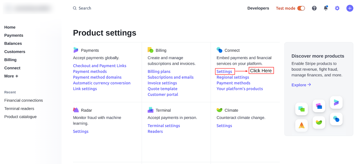 Settings option in the Connect section of Stripe product settings
