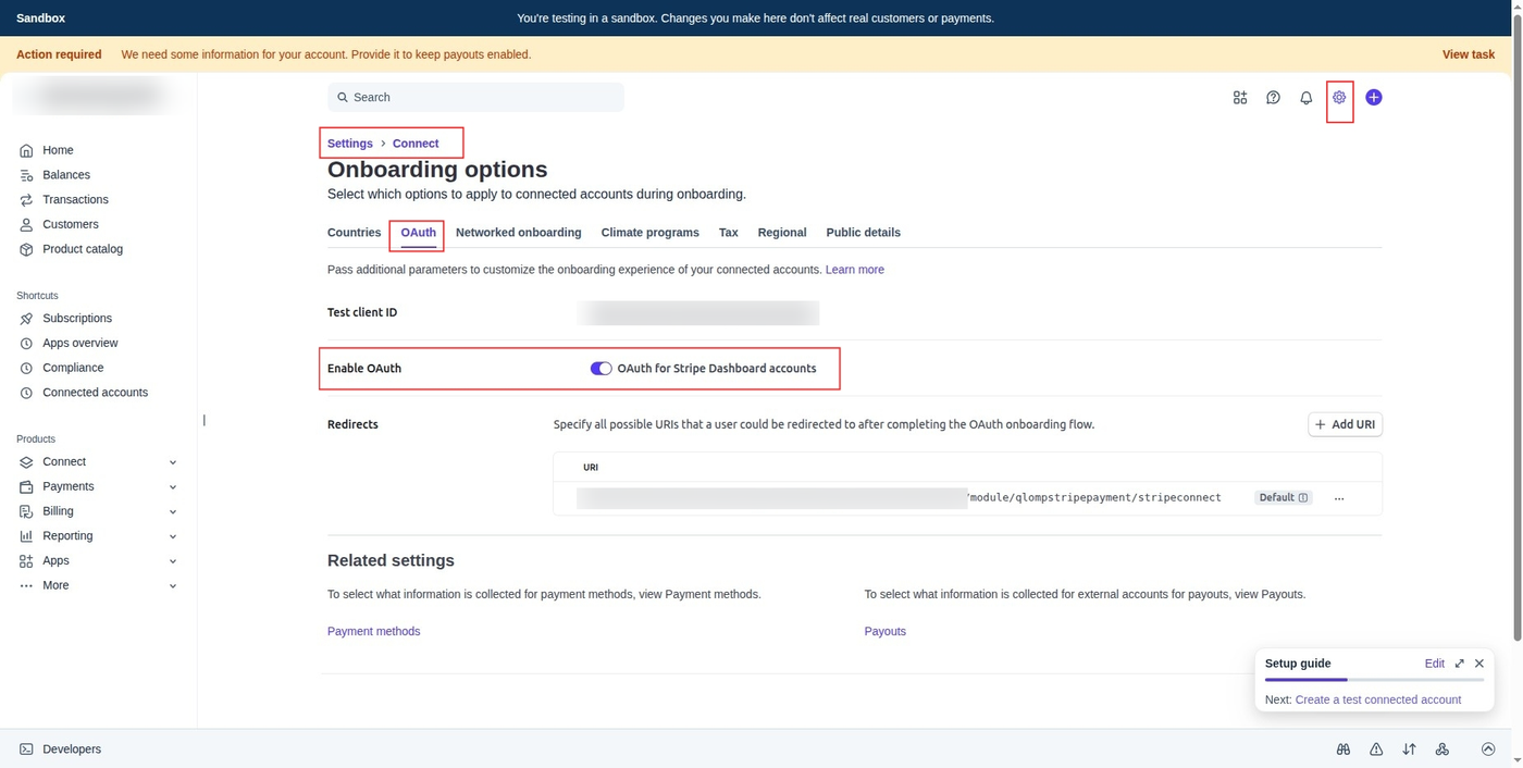 Stripe Connect OAuth settings with Enable OAuth and the redirect URI