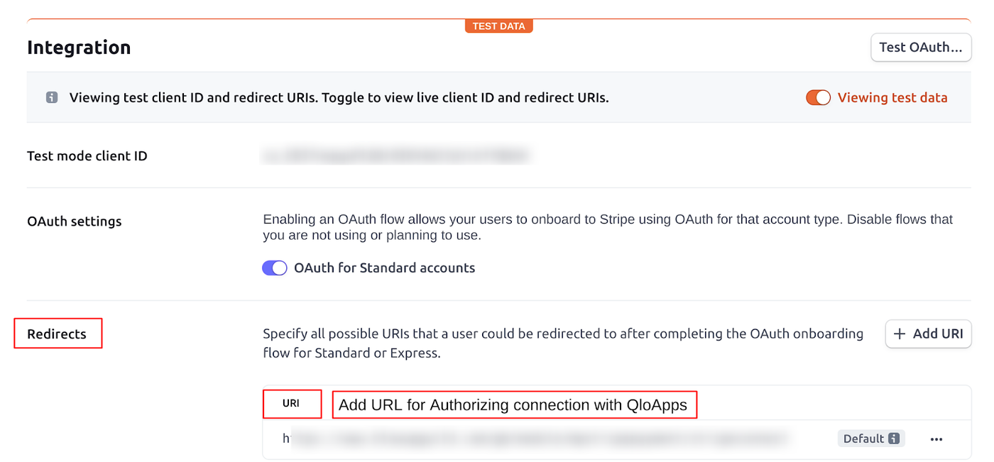 Redirect URL option in the Stripe OAuth settings