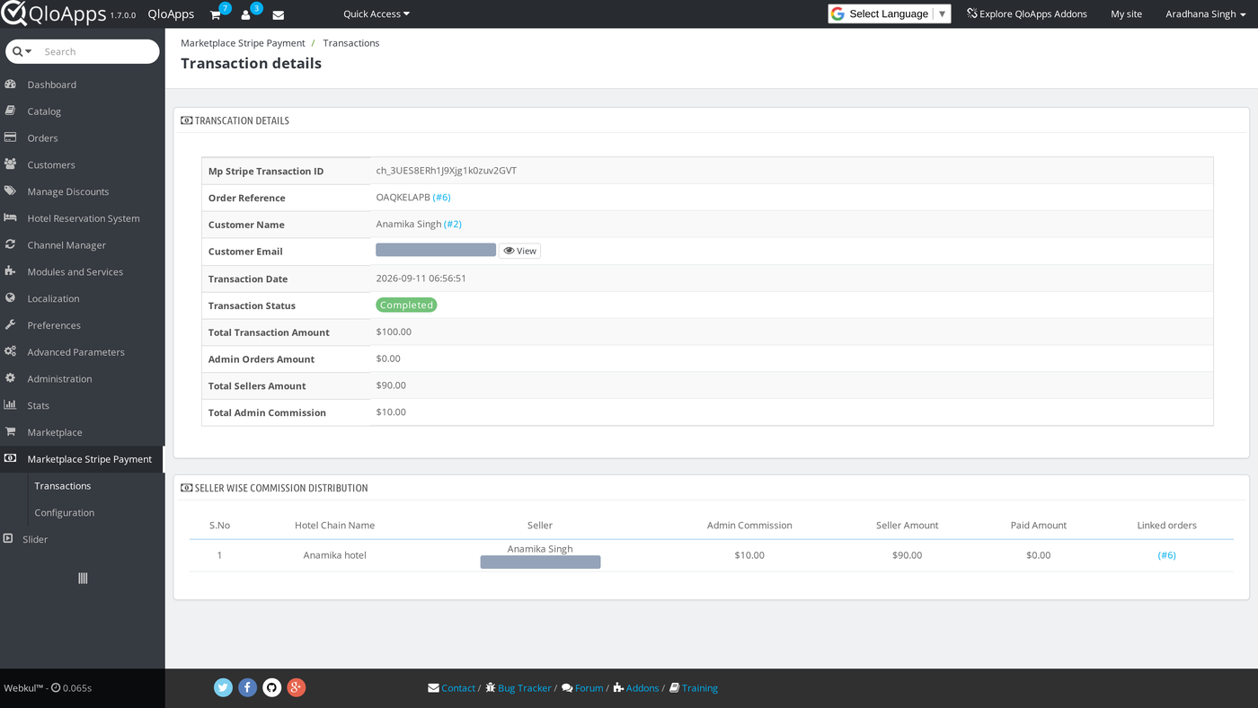 Transaction details with the seller wise commission distribution