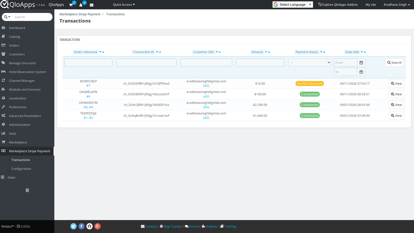 Stripe transactions list in the Back Office