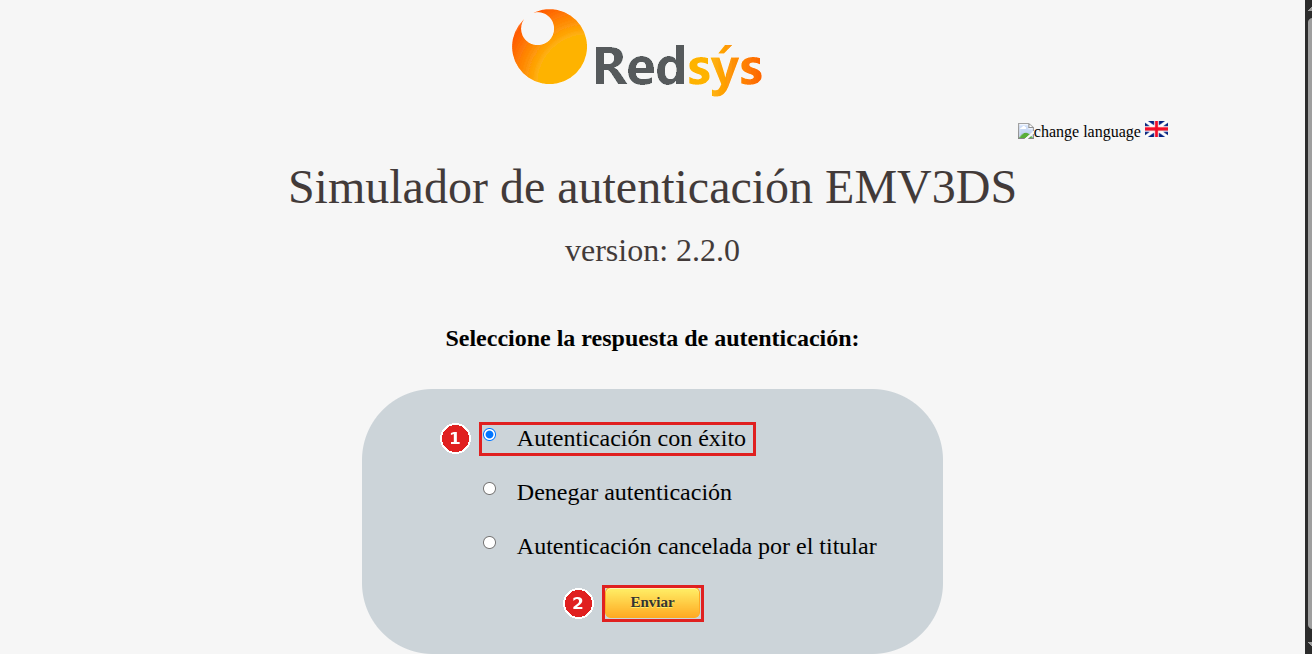 Redsys authentication simulator with the successful authentication option