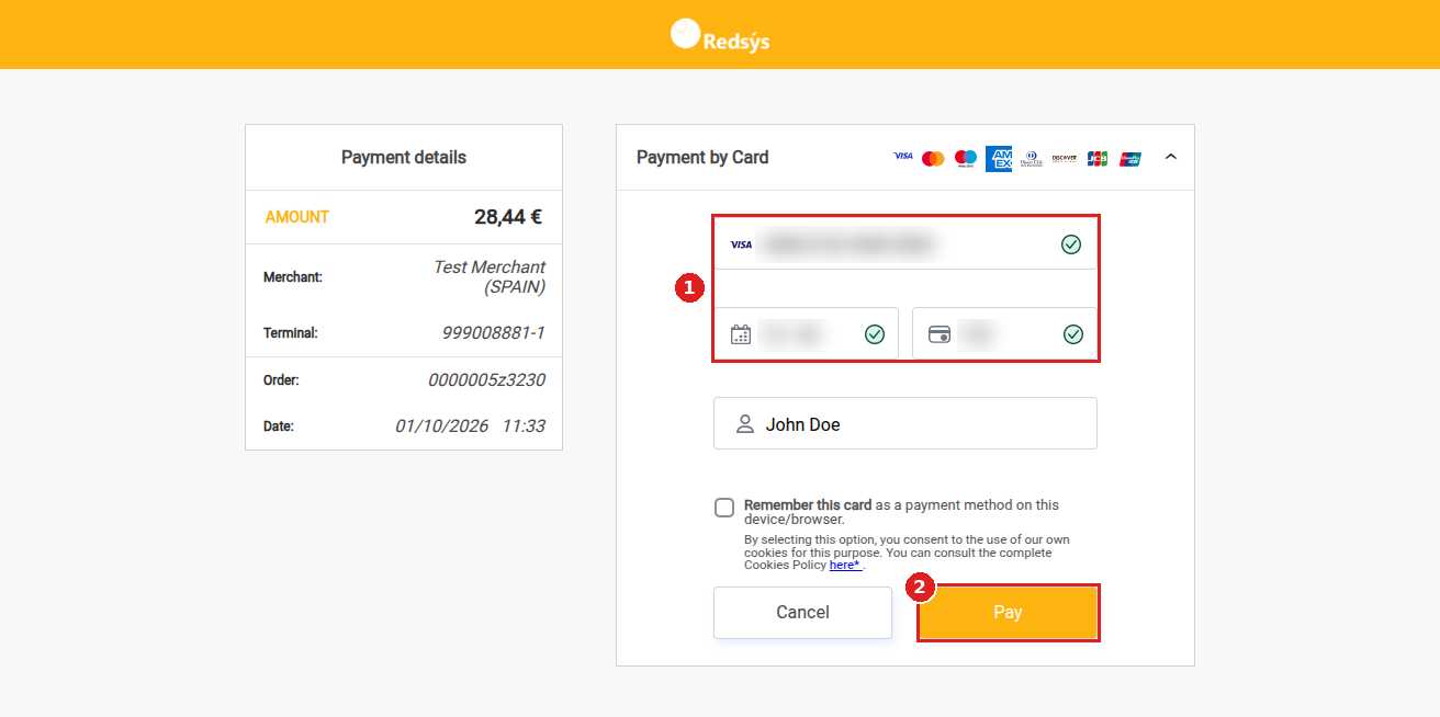 Redsys payment page with the card details filled in and the Pay button