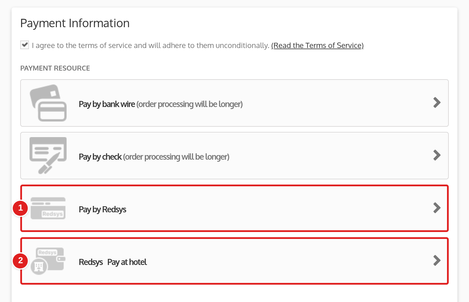 Redsys payment options on the QloApps checkout page