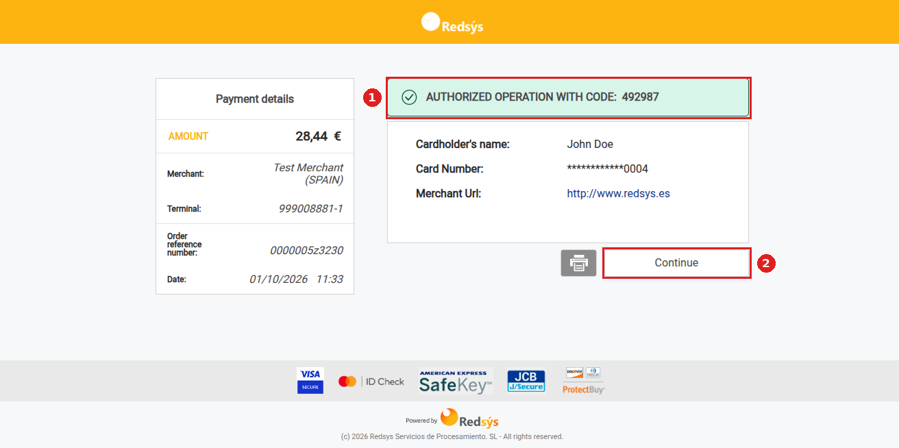 Redsys page confirming the authorized payment