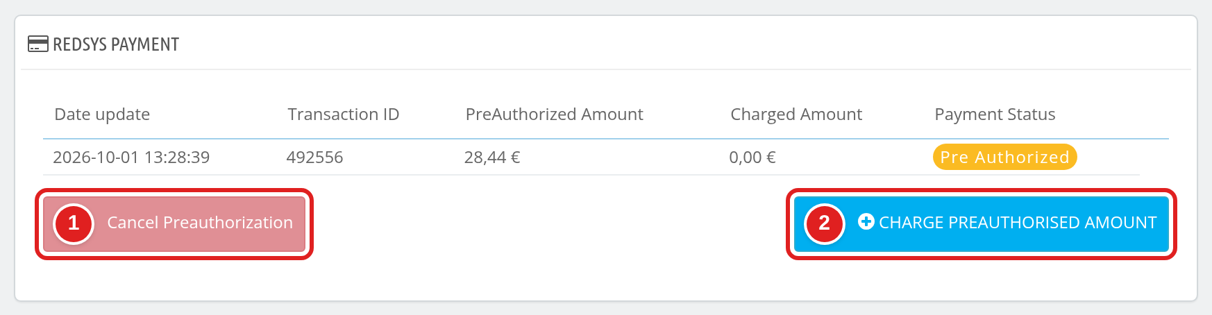 Redsys Payment panel on the booking order page with the cancel and charge buttons