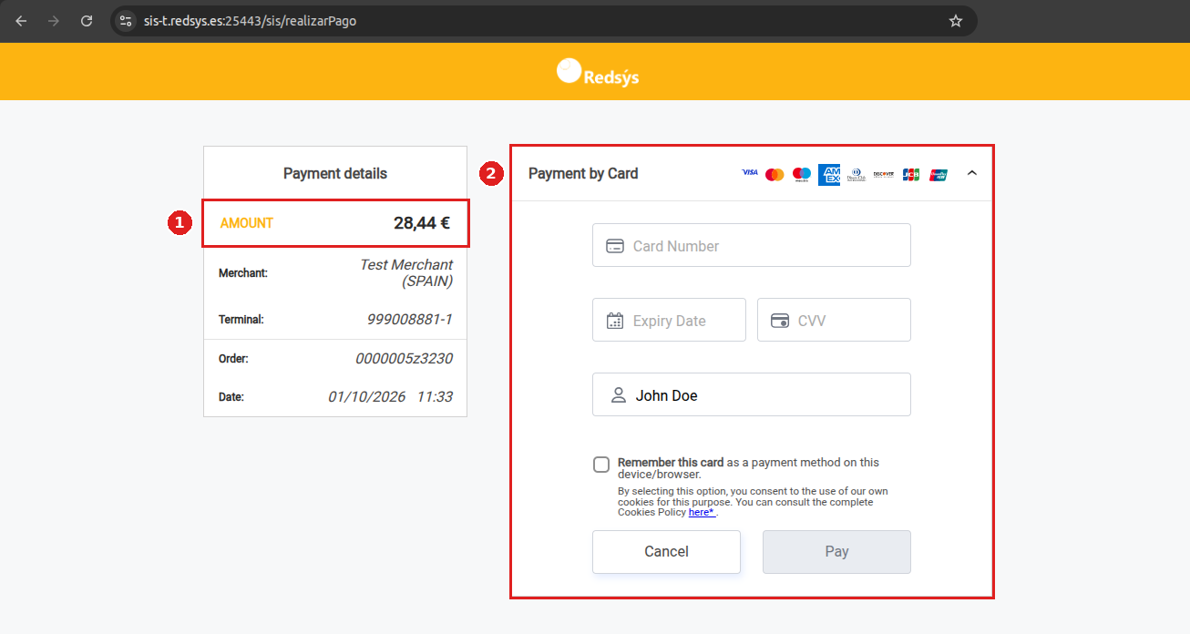 Secure Redsys payment page with the payment details and the card form