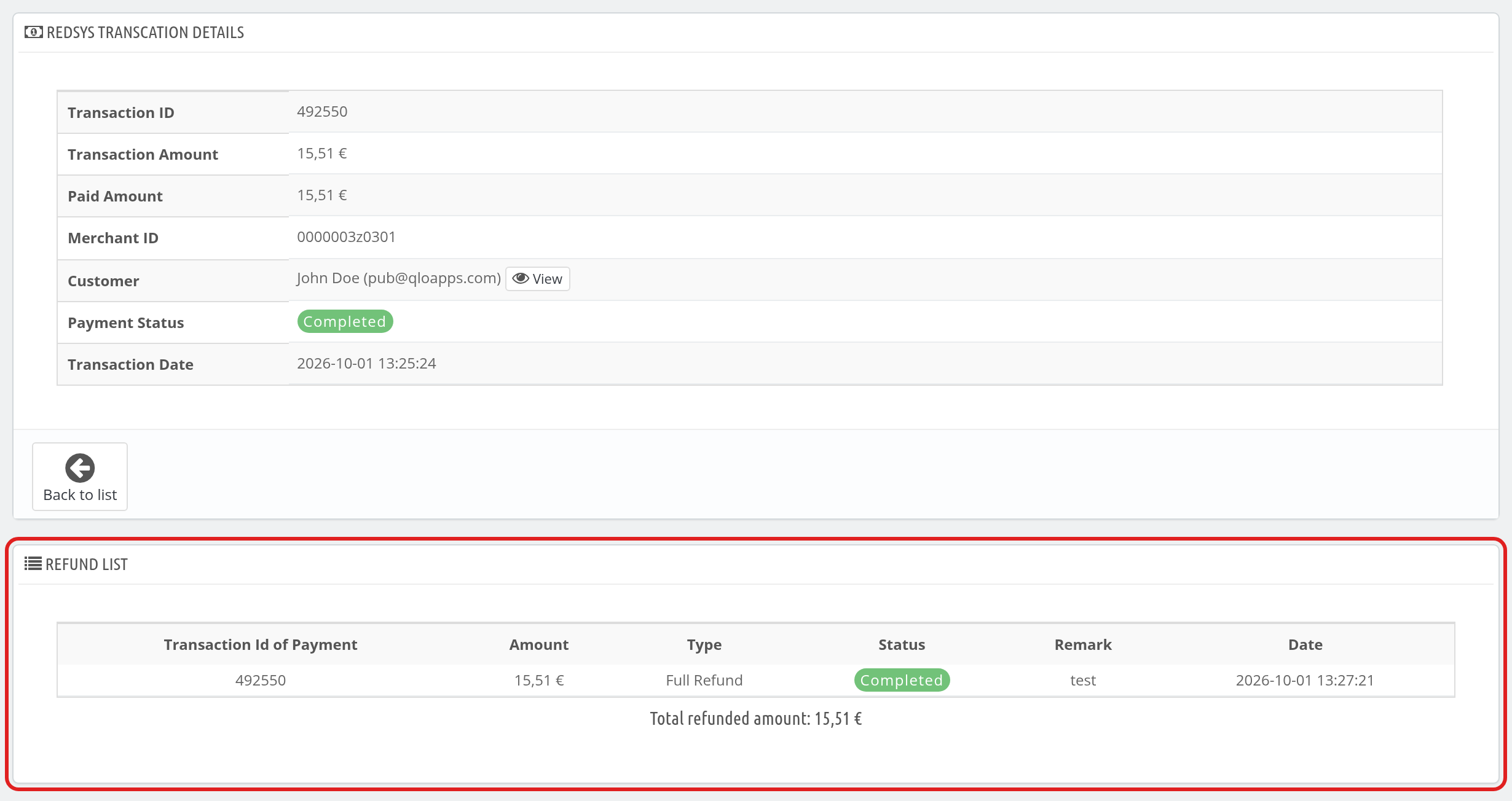 Transaction details and refund list of a fully refunded Redsys payment