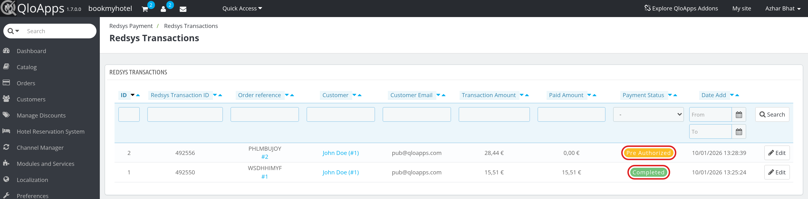 Redsys Transactions list in the QloApps Back Office