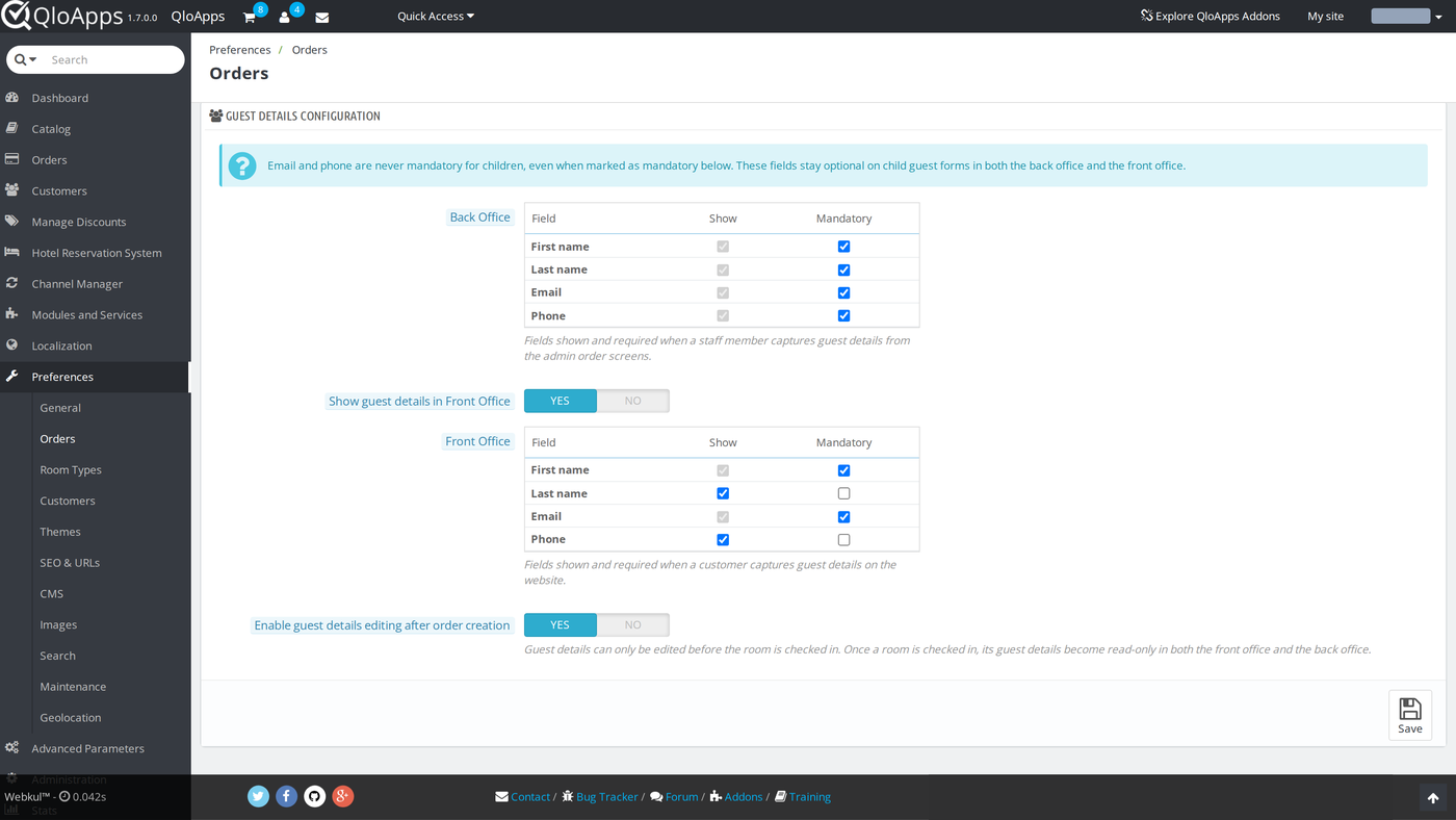 QloApps Room Guest Details configuration on Preferences > Orders