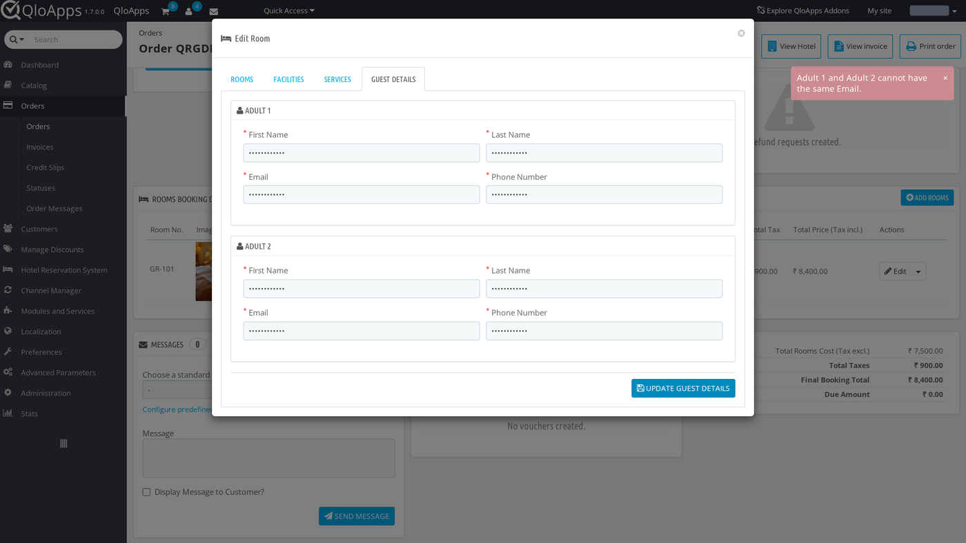 Duplicate email error on the Guest Details tab of the Edit Room modal