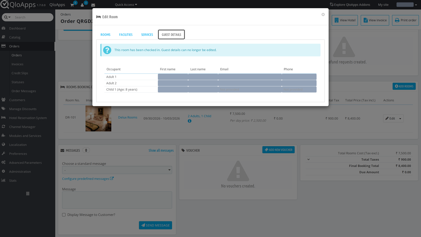 Read-only Guest Details tab for a room that has been checked in