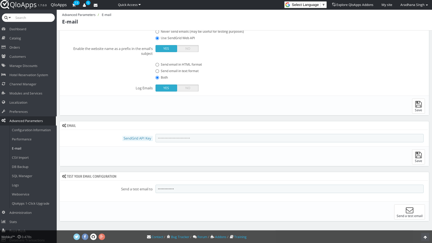 The E-mail page with the SendGrid method selected and a key saved