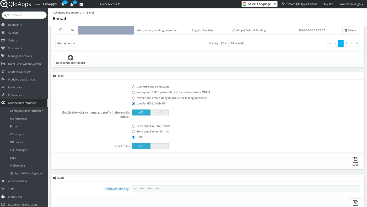 The SendGrid API Key field on the E-mail page