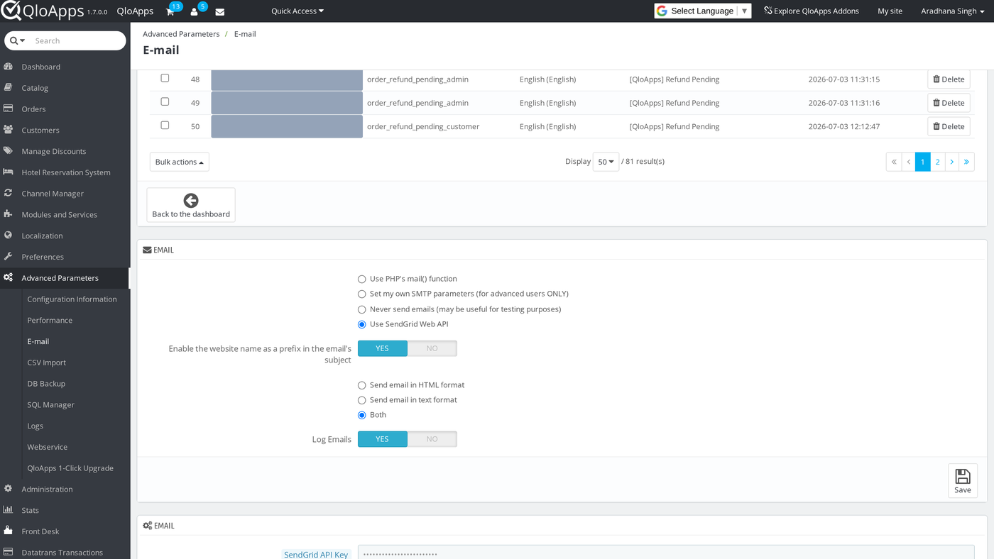 Mail methods on the E-mail page before SendGrid is selected