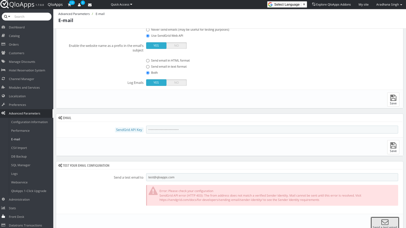 SendGrid refusing the test email because the sender is not verified