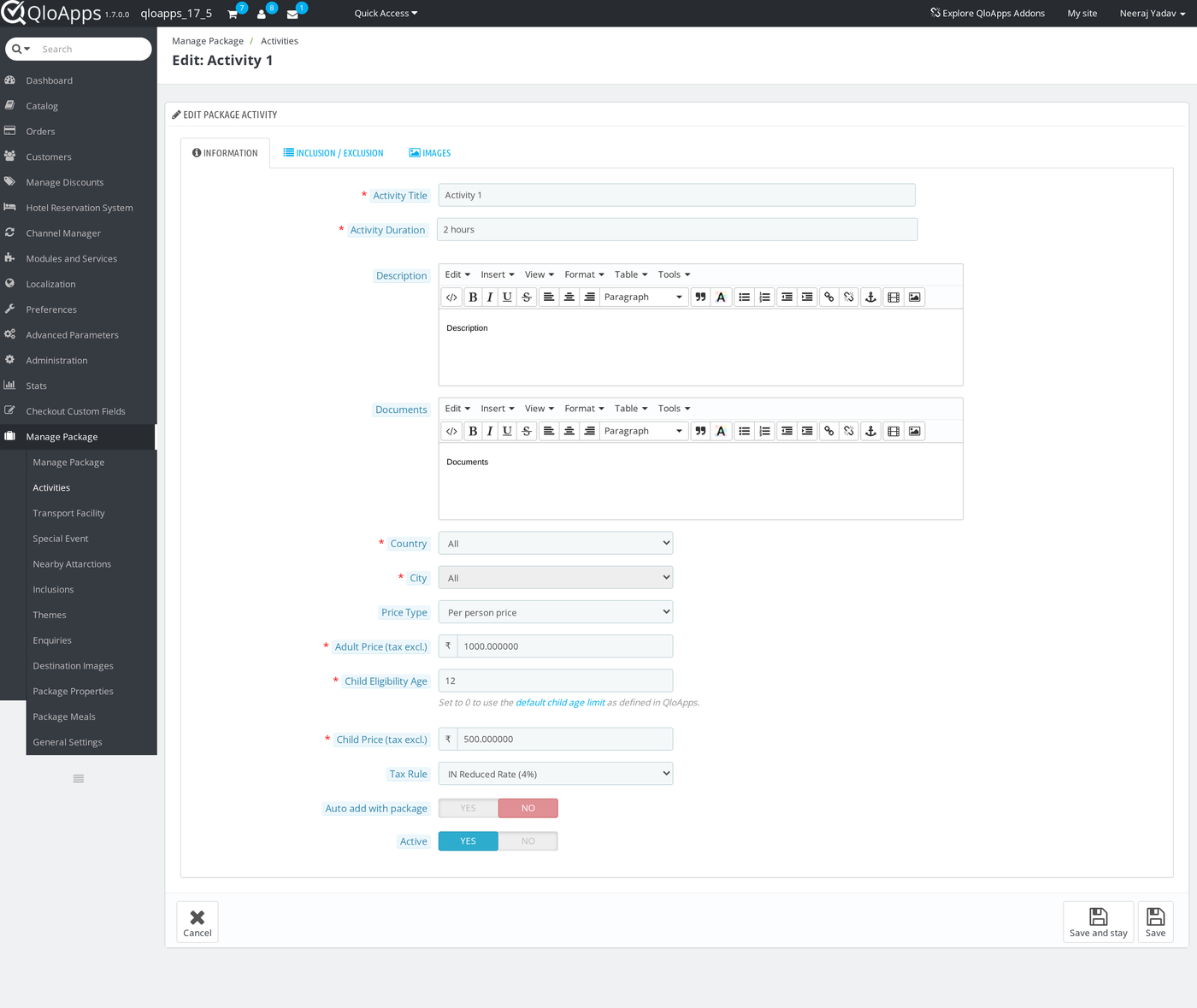 Activity information tab