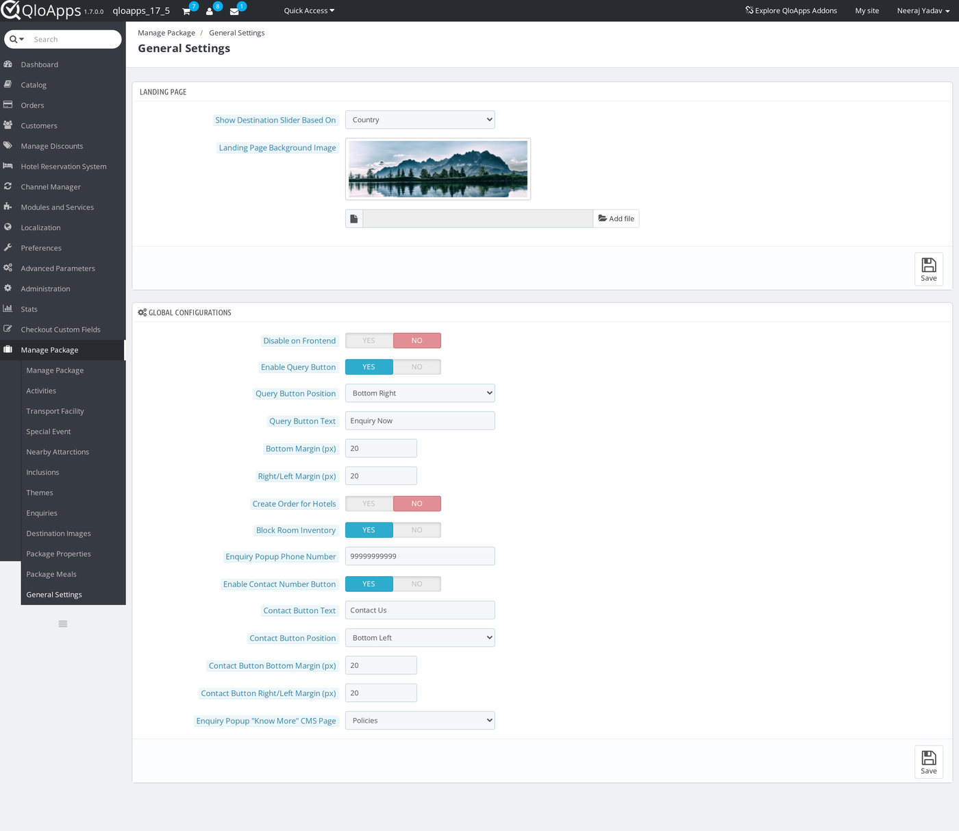 General Settings page of the Tours and Packages module