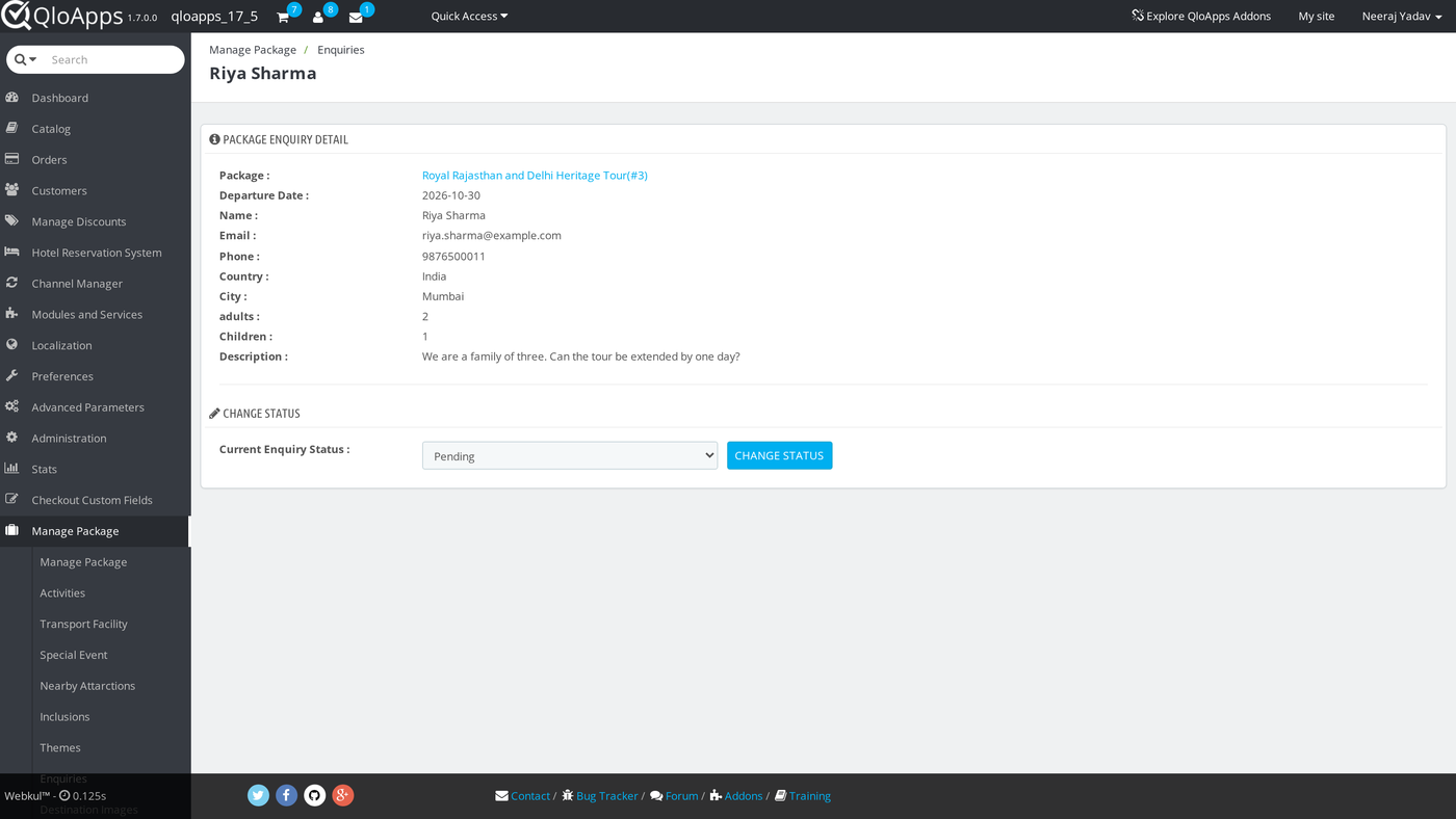 Package enquiry details