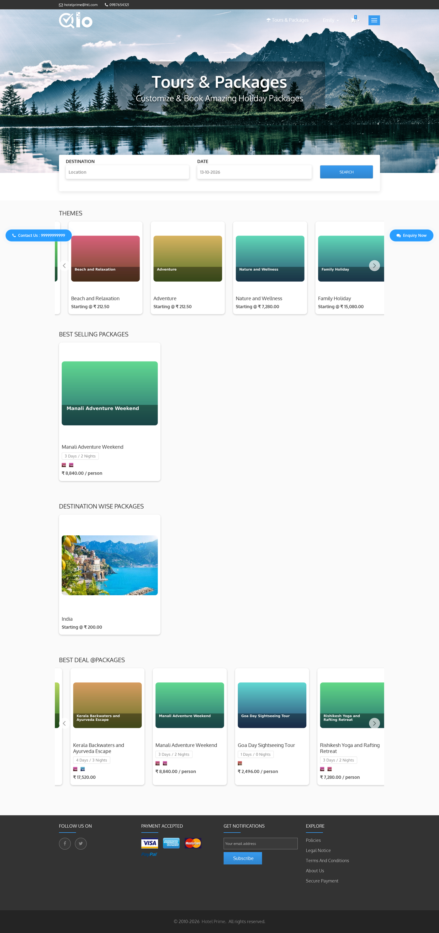 Tours and packages landing page