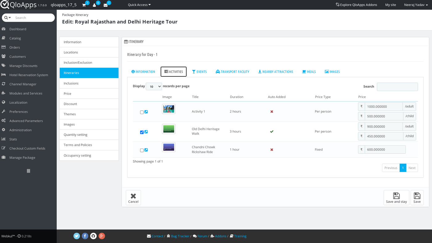 Itinerary day activities tab